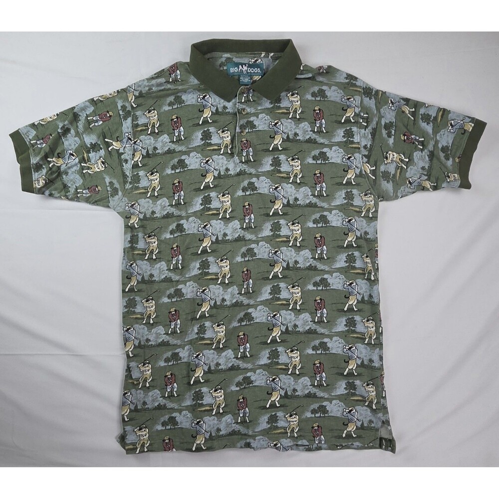 Vintage Big Dogs Polo Shirt Mens XL Dogs Golfing All Over Print AOP